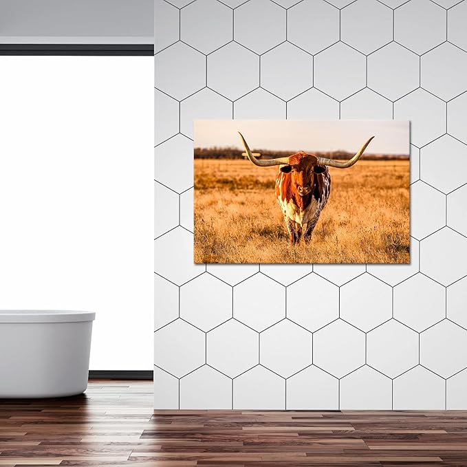 Longhorn Canvas Wall Art Highland Cattle in Sunset Picture Prints Farm Animal Cow in Autumn Grassland Prairie Painting Modern Home Farmhouse Decoration Giclee Artwork Framed 32x48inch
