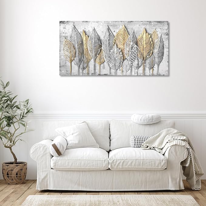 NINEASO Abstract Leaves Wall Art - Modern Aesthetic Nature Pictures Wall Decor Elegant Leaf Painting Grey White Splash Drops Canvas Print Natural Beauty Artwork for Living Room Bedroom 20" x 40"