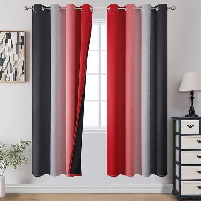 Estelar Textiler Ombre Red and Black Curtains 72 Inch Length 2 panels, Complete Blackout Curtains for Bedroom, Full Room Darkening Grommet Thermal Insulated Gradient Drapes for Living Room, 52x72 Inch