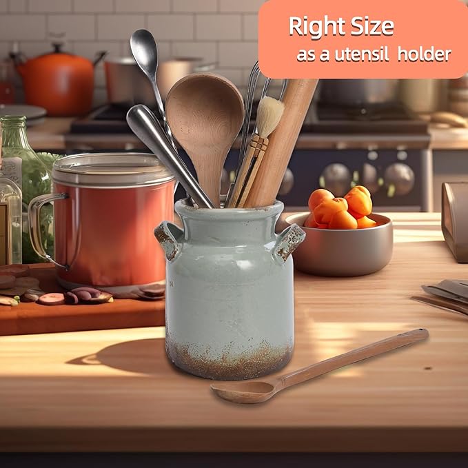 Quoowiit Ceramic Rustic Farmhouse Vase, Distressed Decorative Flower Vases for Home Decor, Ideal Shelf Decor, Green Boho Vase for Living Room Bedroom Kitchen Office Centerpiece Table Decorations