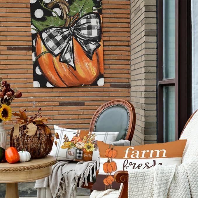 GEEORY Fall Pillow Covers 12 x 20 Inch Set of 4, Happy Fall Y'all Stripes Pumpkins Mason Jar Thankful Decor, Cushion Cases for Farmhouse Home Party Sofa Couch (Brown) G355-12