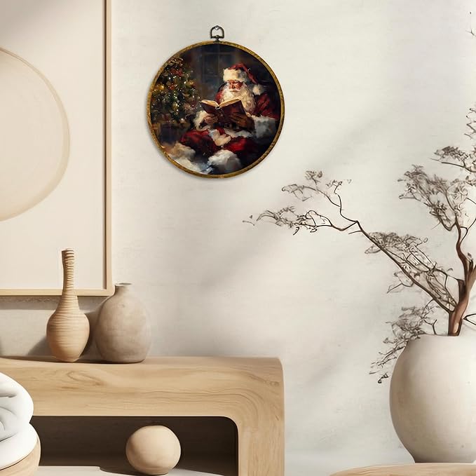 CUANFDDSF Vintage Christmas Santa Reading Round Wall Art Decor, Cozy Xmas Tree Santa Claus Holiday Wall Hanging Frame Decor, Winter Christmas Canvas Prints Decorations for Home Bedroom, 10x10 Inch