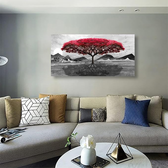 Red Tree of Life Canvas Wall Art for Living room Office Bedroom Black and White Scenery Wall Art Print Oil Paintings Modern Landscape Mountain Pictures Wall Decor Artwork Ready to Hang -20in * 40inch