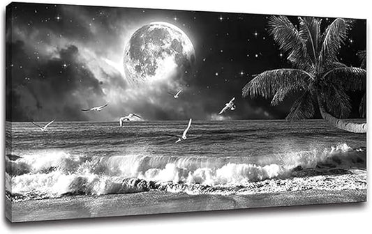 Yxbhhym Black and White Ocean Wall Art Moon Sea Beach Canvas Print Art Ocean Paintings Seascape Poster Wall Pictures Landscape Palm Artwork for Wall Living Room Decor Framed-20x40inches