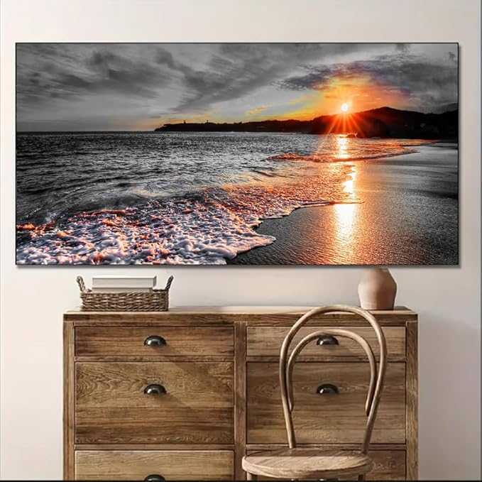 Yxbhhym-Bedroom Wall Decor Black and White Beach Pictures Canvas Wall Art for Living room Seascape Artwork for Walls Ocean Paitnings Poster Sea Sunset Art Print Framed Office Bathroom Decorations