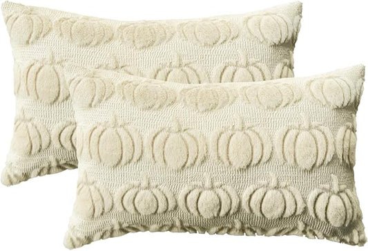 AVOIN colorlife Fall Pumpkin Beige Throw Pillow Covers, 12 x 20 Inch Seasonal Autumn Thanksgiving Harvest Decoration Soft Plush Faux Fur Jacquard Cushion Case Decoration for Sofa Couch Set of 2