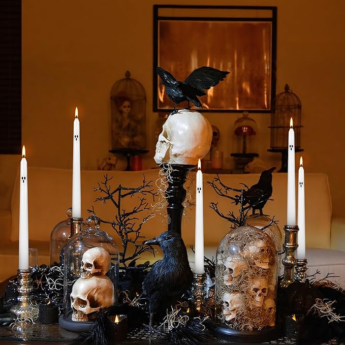 12 Pack Halloween Taper Candles - 10 Inch White Ghost Face Smokeless Candles, Long-Lasting 7+ Hour Burn, Premium Wax for Spooky Decor & Parties