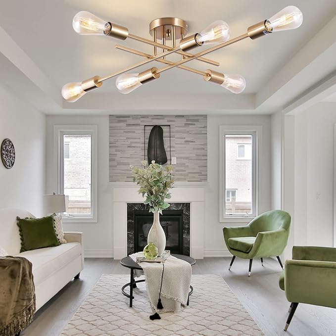 Sputnik Chandeliers, Modern Semi Flush Mount Ceiling Light with E26 Base, Mid Century Industrial Kitchen Farmhouse Light Fixtures for Bedroom Living Room (Brass, Ceiling 6 Lights (Lengthen))