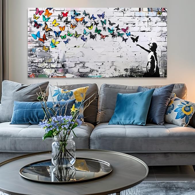 Colorful Graffiti Wall Art Funny Butterfly Paintings Banksy Street Art Mural Pop Art Home Office Wall Decor Framed Canvas Wall Decor for Living Room Ready to Hang - 48x24in
