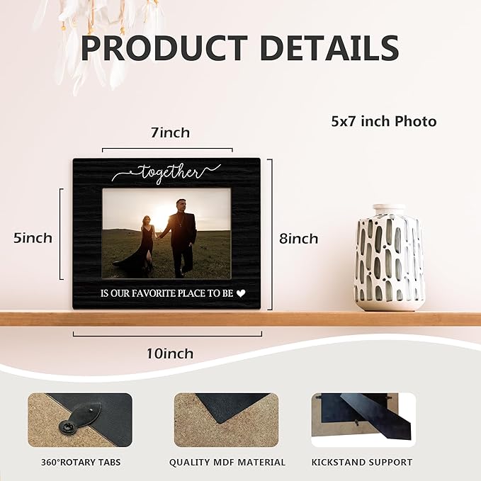 Couple Picture Frame 5x7, Couple Photo Frame, Christmas Birthday Couples Gifts for Him Her, Together is Our Favorite Place to Be Black Wooden Picture Photo Frames for Desk Home Room Decor