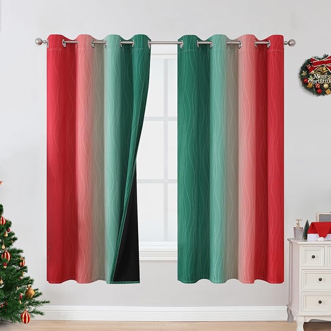 Estelar Textiler Red and Green Blackout Curtains for Christmas Room, Full Room Darkening Grommet Ombre Curtains for Bedroom, Thermal Insulated Light Blocking Gradient Drapes, 52Wx63L, 2 Panels