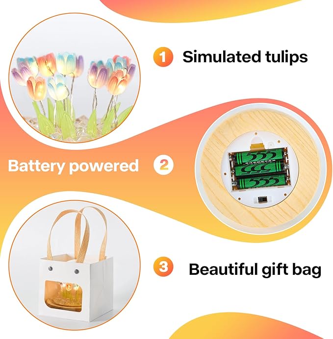 ONXE Birthday Flower Gifts for Mom,Tulips Night Light Small Glass Flower Lamp with Wooden Base for Home Decor Romantic Unique Christmas Gift for Women Girlfriend Sister Grandma Wife Her