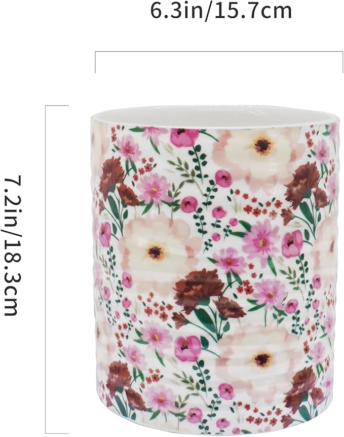 Kitchen Utensil Holder,7.2″Extra Large Stable Pattern Ceramic Utensil Crock,Utensil Organizer for Countertop,Kitchen Decor,Utensil Holder for Housewarming,Wedding Gift (Pink White)