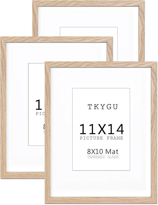 11x14 Picture Frame wooden set of 3, 11x14 mat to 8x10 Modern Style Wood Composite frames 11by14 Poster Fram Tempered Glass Photo Frames for Wall Art Prints for Home Decor