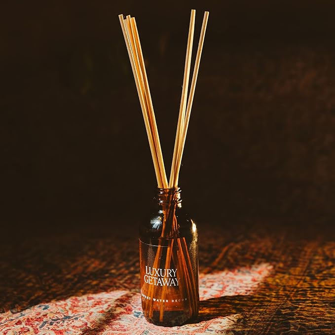 Sweet Water Decor Luxury Getaway Reed Diffuser Set - Room Diffuser with Leather, Amber & Musk Scent - Hotel Scent Diffuser Lasts for 4 Months - HomeDiffuser with Premium Fragrance Oils