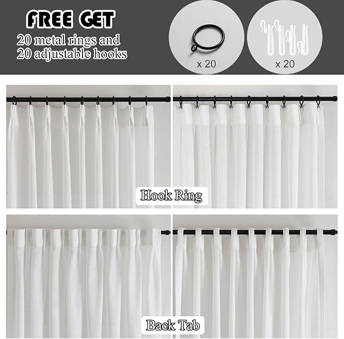 Off White Semi Sheer Pinch Pleated Curtains 102 Inches Long 2 Panels, 50 Inches Width, Rustic Linen Look Light Filtering Drapes, Modern Farmhouse Floor to Ceiling Window Curtain with Hooks