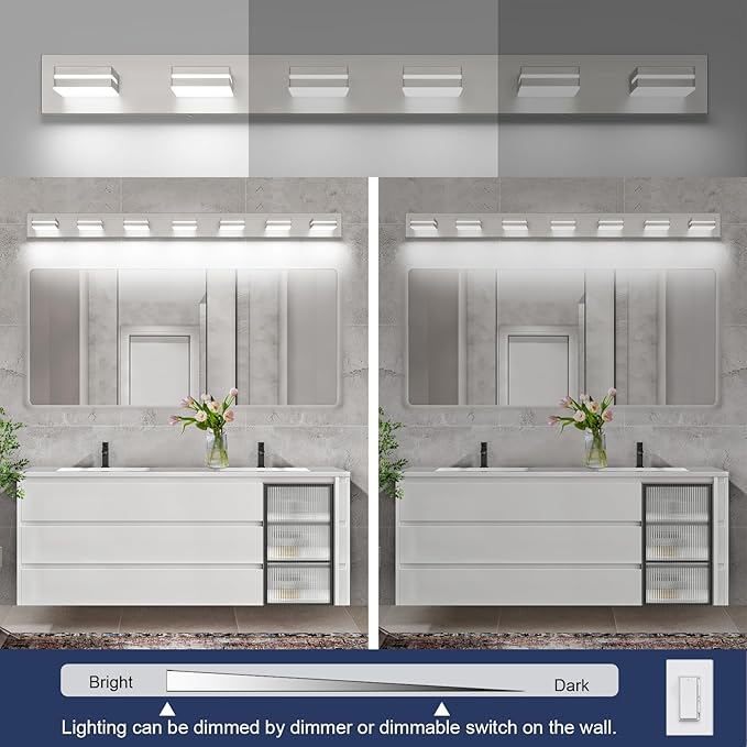 SineRise LED Modern Bathroom Vanity Light Fixtures (7-Light, 55-Inch, Dimmable), Brushed Nickel Modern Acrylic Bathroom Wall Lighting Fixtures Over Mirror (Cool White 6000K)