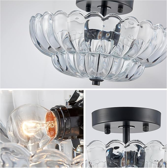 XINGQI Modern Chandelier Vintage Semi Flush Mount Ceiling Light Fixture Small Black 3-Light Close to Ceiling Scalloped with Clear Glass Shade for Living Room Entryway Bedroom Closet