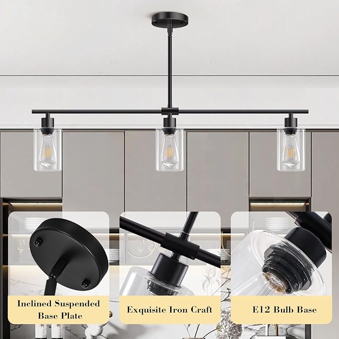 Kitchen Island Lighting, 3 Lights Linear Chandeliers Rectangle Pendant Light Fixtures for Dining Room Farmhouse Hanging Light with Glass Shades(Black)