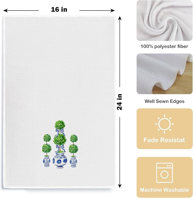 Blue and White Porcelain Chinoiserie Towels, Green Topiary Tree Dish Towels for Kitchen, Hand Towels for Bathroom, 16x24 Inches