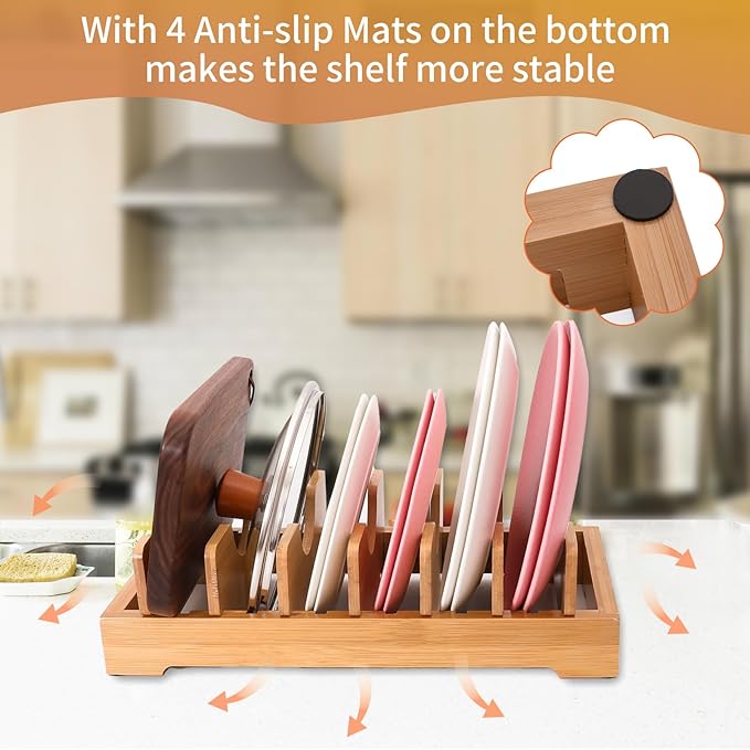 Bamboo kitchen storage rack - adjustable lid rack, suitable for cabinet storage, perfect for pots, pans, cutting boards, baking pans, plates, etc- Keep the kitchen clean and tidy