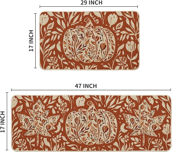 Artoid Mode Orange Flower Pumpkin Fall Kitchen Mats Set of 2, Autumn Home Decor Low-Profile Kitchen Rugs for Floor - 17x29 and 17x47 Inch