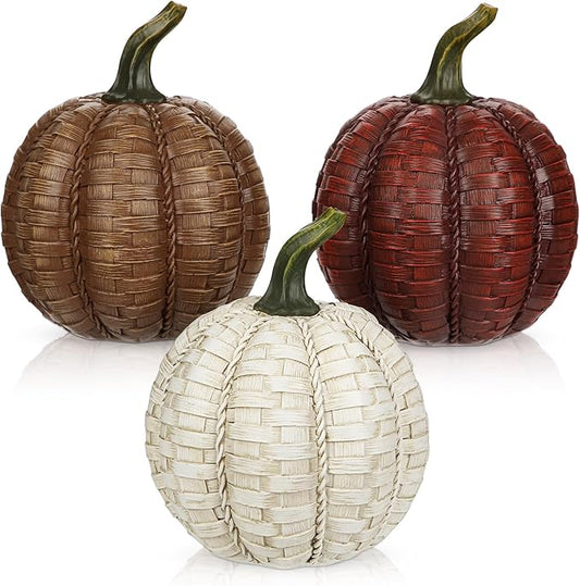Oairse 6 Inch Large Artificial Pumpkins, 3 Pcs Fall Pumpkin Decor Beige Dark Red Brown Faux Resin Pumpkins Woven Pumpkin Centerpiece for Rustic Farmhouse Fall Thanksgiving Autumn Harvest Table Decor