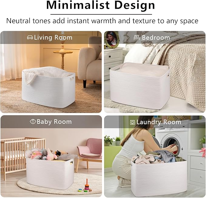 OIAHOMY 118L XXXLarge Cotton Rope Storage Basket, Oversized Blanket Basket, Used for Organizing Dirty Clothes in Living Room, Bedroom, Nursery, Dog Toy Storage Bins, 25" x 17" x 16",White