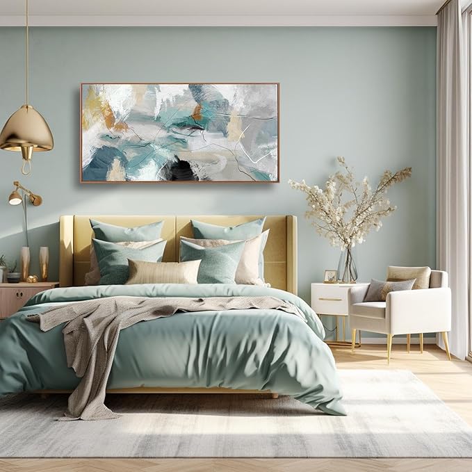 Kureful Abstract Oil Painting/Green Wall Decor/Artwork for Living Room Picture Prints on Canvas/Grey Wall Decor for Bedroom Office Hotel 20x40 Inch