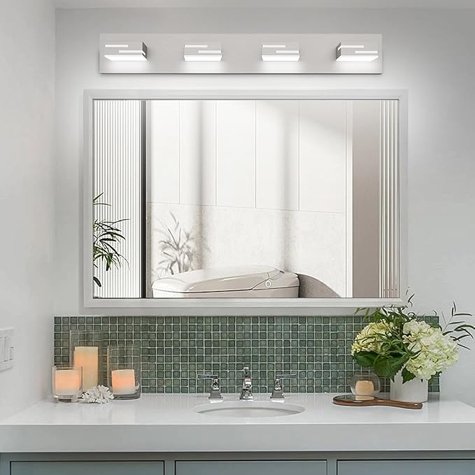 LED Modern Bathroom Vanity Light Fixtures,4-Light 28-inch Dimmable Brushed Nickel Vanity Lights for Bathroom Lighting Fixtures Over Mirror, with 350° Rotatable Acrylic Heads (Cool White 6000K)