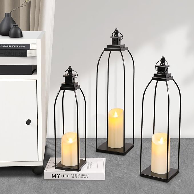 3 Pcs Black Metal Decorative Candle Lantern Set, 16'' 19'' 22'' Modern Lantern with 3 Flameless Candles for Indoor & Outdoor, Decorative Large Lanterns for Porch, Patio, Fireplace & Home Decor