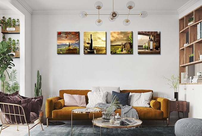Kitchen Wall Decor Canvas Art for Dining Room, Farmhouse Rustic Paintings Vintage Fruit Red Wine Pictures Realism Colorful Artwork Prints for Bar Living Room Decoration - 12"x12"x4 Pcs
