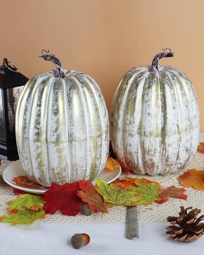 vensovo 2PCS 8 Inch Gold Plastic Pumpkins for Decorating–Large Artificial Foam Pumpkins for Fall Decor, Halloween, Thanksgiving, Paintable for DIY Crafts & Centerpieces