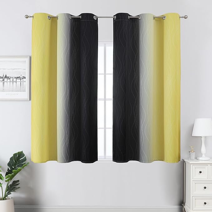 Estelar Textiler Yellow and Black Ombre Blackout Curtains 54 Inch Length, Full Room Darkening Gradient Drapes for Kitchen, Thermal Insulated Grommet Curtains for Short Window, 42Wx54L,2 Panels