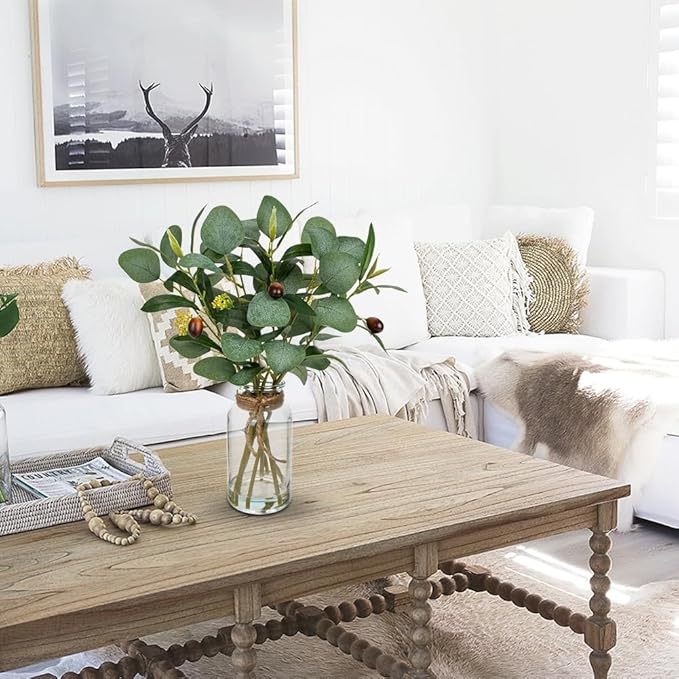 Briful Artificial Eucalyptus Stems in Glass Vase with Faux Water, 14" Fake Plant Olive Leaves for Home Office Farmhouse Wedding Centerpiece Décor