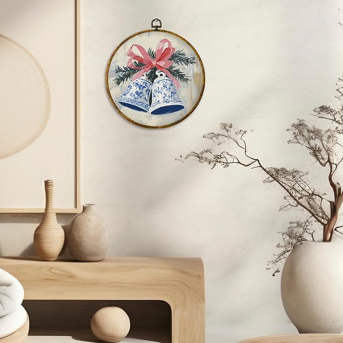 CUANFDDSF Chinoiserie Christmas Bells Round Wall Art Decor, Vintage Christmas Bells Wall Hanging Frame Decor, Grand Millenial Xmas Holiday Canvas Prints Decorations for Home Bedroom, 10x10 Inch