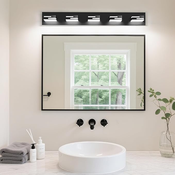 LED Modern Bathroom Vanity Light Fixtures, 5-Light 34-inch Dimmable Matte Black Vanity Lights for Bathroom Lighting Fixtures Over Mirror, with 350° Rotatable Acrylic Heads (Cool White 6000K)