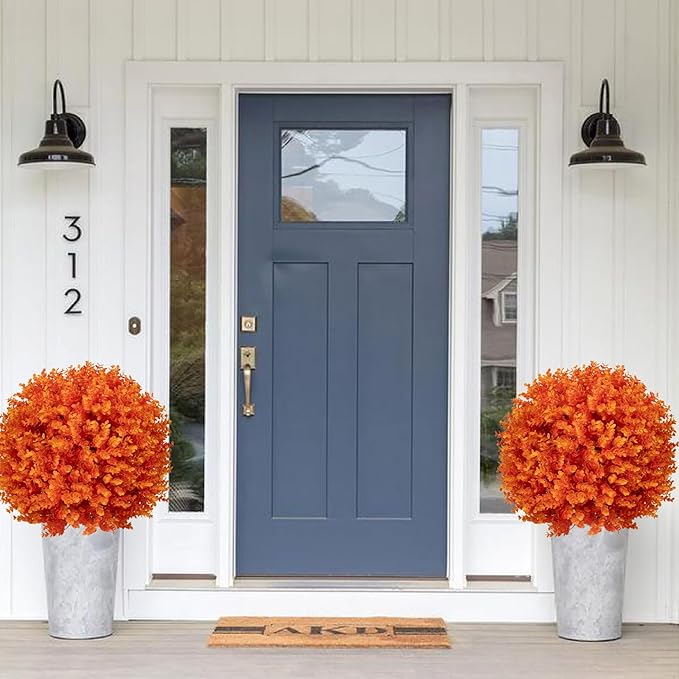 Artificial Orange Boxwood Topiary Ball Bush for Outdoor with Spike, Set of 2 UV Resistant Fall Faux Plant Boxwood Ball Tree with Stake Weatherproof Fake Round Topiary Shrub for Front Porch