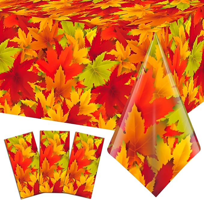 Thanksgiving Autumn Tablecloth 3-Piece Set 54x108 inches, Plastic Tablecloth, Disposable Rectangular Tablecloth for Holiday Dinner Decoration, Farmhouse Kitchen and Autumn Party Supplies