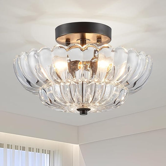 XINGQI Modern Chandelier Vintage Semi Flush Mount Ceiling Light Fixture Small Black 3-Light Close to Ceiling Scalloped with Clear Glass Shade for Living Room Entryway Bedroom Closet