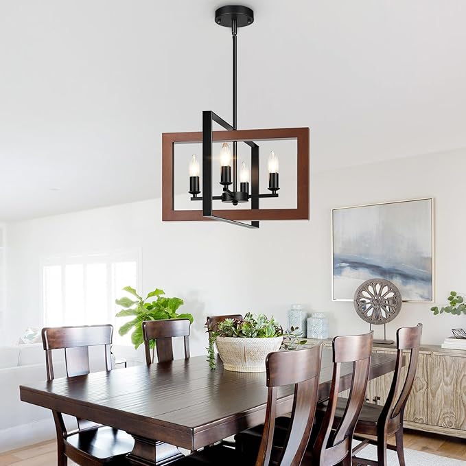 17" Farmhouse Reddish Brown Wood Chandelier, (4-Light, 17-Inch), Rustic Dining Room Light Fixtures Over Table, Adjustable Hanging Light Fixture for Kitchen, Living Room, Foyer, Entryway