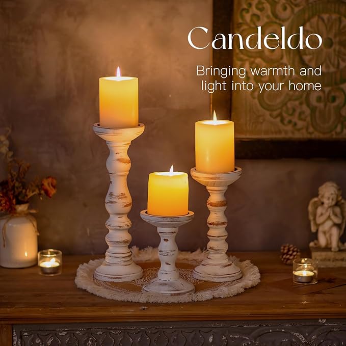 Wood Candle Holders for Pillar: Rustic Candles Holder Set of 3 Tall Table Centerpiece Decor Wooden White Farmhouse Decorations for Fireplace Mantle