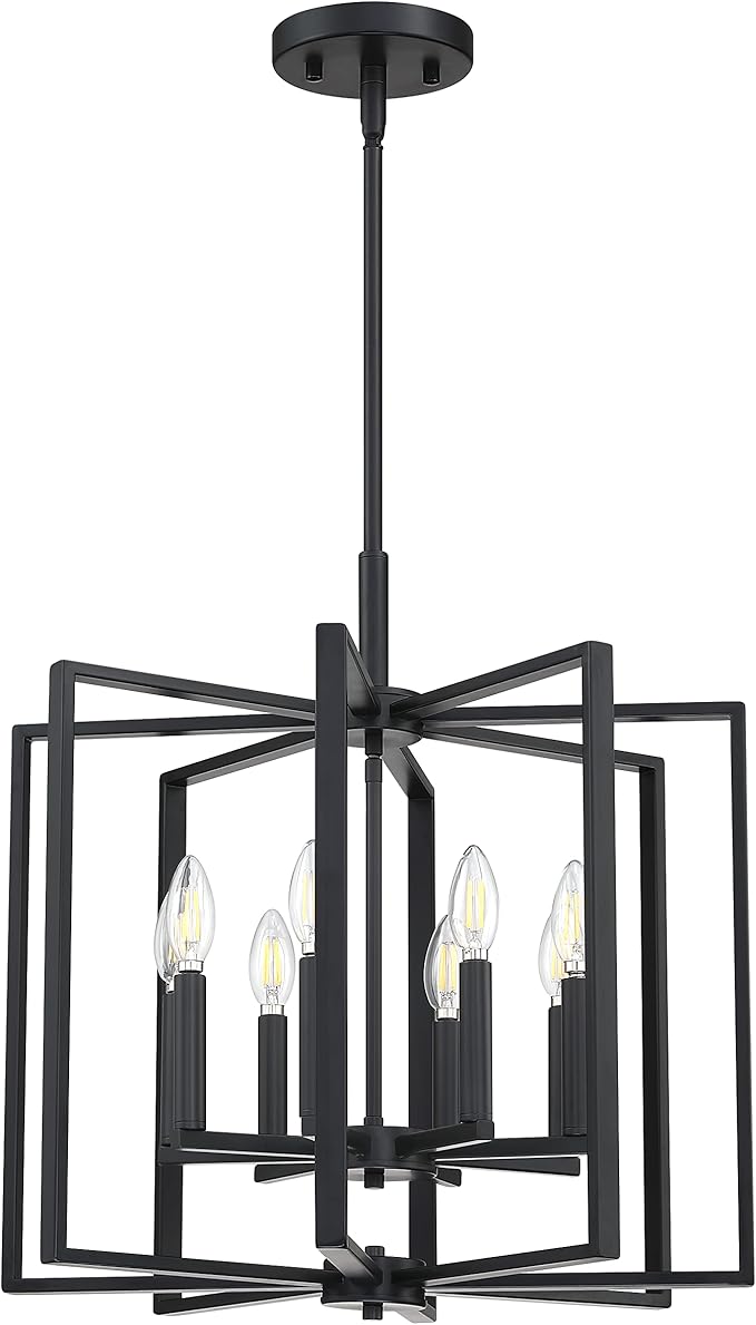 Leading Lighting 8 Light Farmhouse Chandelier Hanging Light Fixture Rustic Kitchen Island Lighting with Black Metal Frame for Entryway Dinning Room Bedroom