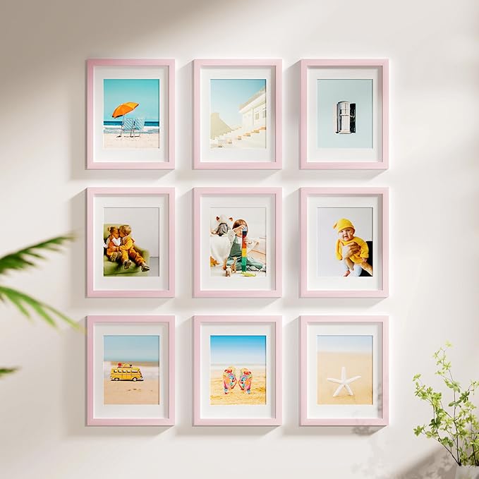 Vittanly 8x10 Picture Frame Set of 9 - Display 5x7 Photos with Mat or 8x10 Without Mat, Wall Mount & Tabletop Frames for Home Decor, Horizontal or Vertical (Pink)