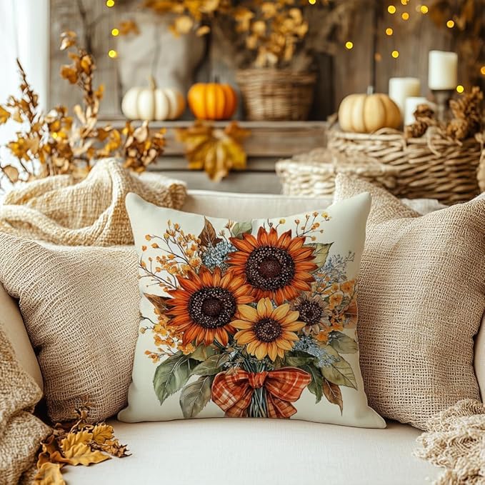 AACORS Fall Pillow Cover 18x18 Inch Sunflower Decor Floral Farmhouse Seasonal Pillow Case Decorations for Home Sofa Couch AA726-18