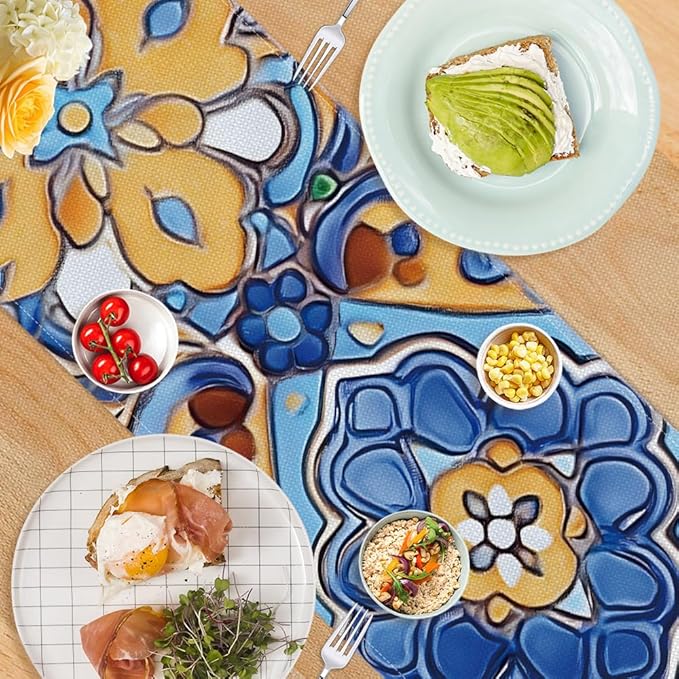 ANNA QUEEN Flowers Table Runner 13 x 72 Inch for Dining Table, Table Runner for Spring & Holiday Dining Decor Indoor Outdoor Party Home Table Decoration (Retro Pattern)