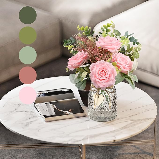 HOHOTIME Artificial Flowers in Vase, Faux Silk Pink Roses Table Centerpiece Decoration, Fake Flowers for Home Bedroom Study Room Decor with Glass Vase