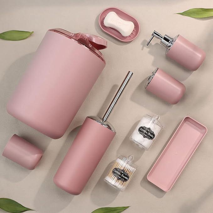 IMAVO Bathroom Accessories Set,Pink Bathroom Set,9 Pieces Bathroom Accessory Set,Tray,Qtip Holders,Toilet Brush,Trash Can for Bathroom Décor and Home Gifts