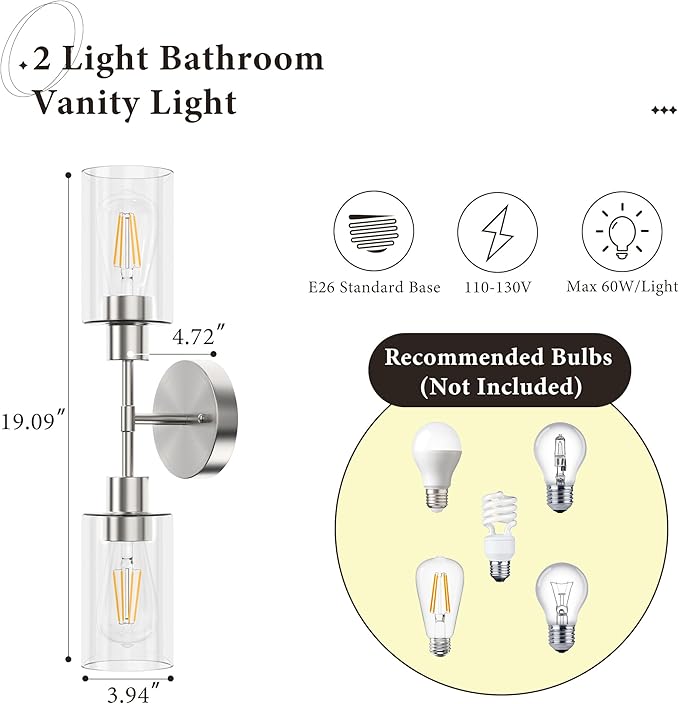 Espird Bathroom Light Fixtures 2 Light Brushed Nickle, Bathroom Vanity Lights Over Mirror, Bathroom Sconces Wall Lighting,Farmhouse Vanity Light, Modern Vanity Lights with Clear Shades