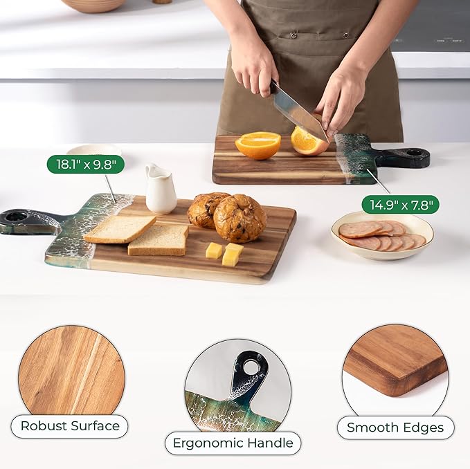 Acacia Wood Cutting Board with Ocean Resin Art, 18.1โx9.8โ, Includes Stand & Loofah, Handcrafted Charcuterie Cheese Board & Serving Platter, Great for Dรฉcor, Housewarming, Weddings (Rectangular)